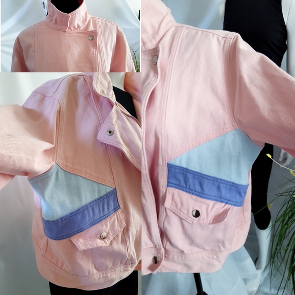 Forever 2+🎀Retro Pink Colorblock Big Pocket Denim Jacket - Picture 5 of 10